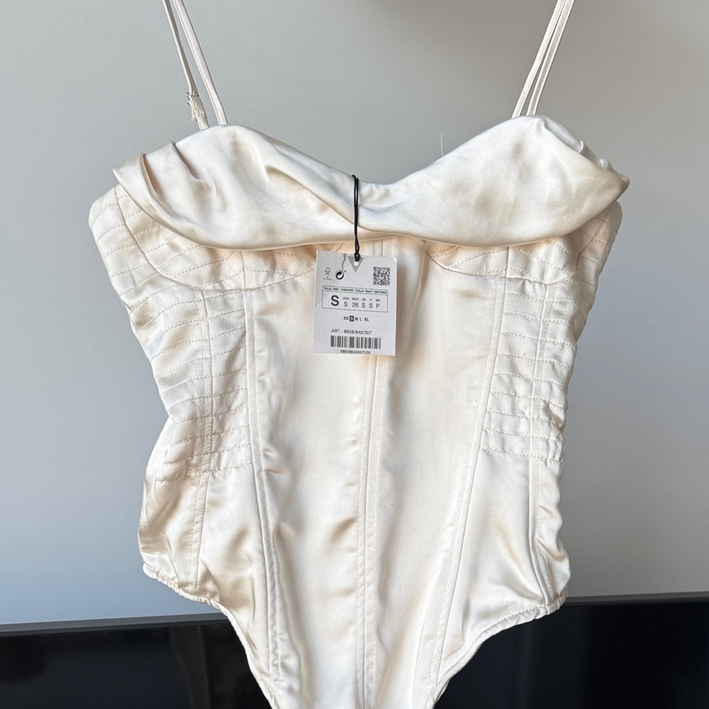 Zara Cream Satin Corset-Style Bodysuit